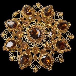 Gigantic Juliana Brown Rhinestone Belt Buckle Heart Scroll Vintage Gold Tone